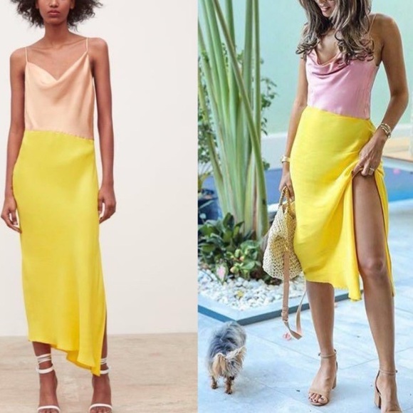 Zara Satin Effect Slit Yellow Nude Colorblock Slip Cami Midi Maxi Dress - Picture 2 of 15